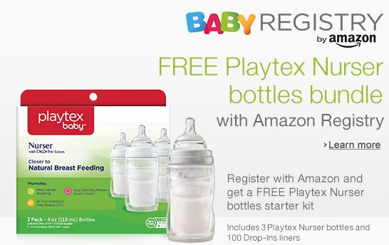  在Amazon登记注册新生宝宝，送 Playtex 倍儿乐高效防胀气免洗奶瓶3只装及100个一次性内胆！再送婴儿用品9折优惠码！