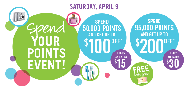  Shoppers Drug Mart本周六（4月9日）5万积分换购100元商品，9万5千积分换购200元商品