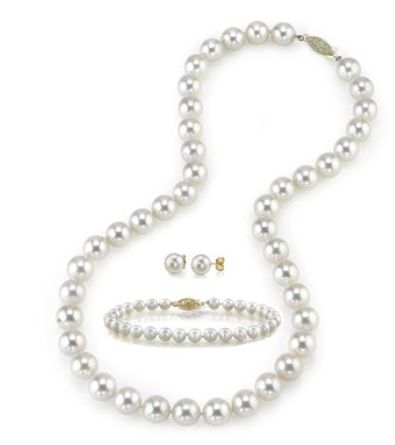  The Pearl Source 14K金7-8mm白色淡水珍珠项链手链及耳环套装 311.2元特卖，原价 1359元，包邮
