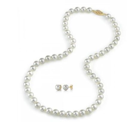  The Pearl Source  14K白金/黄金7-8mm白色淡水珍珠项链耳钉套装（18英寸长，AAA）特价223.2元，原价979元，包邮