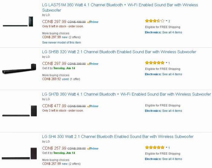 历史最低价！Amazon精选4款 LG 无线蓝牙重低音2.1/4.1声道声霸 Sound Bar 限时特卖并包邮！