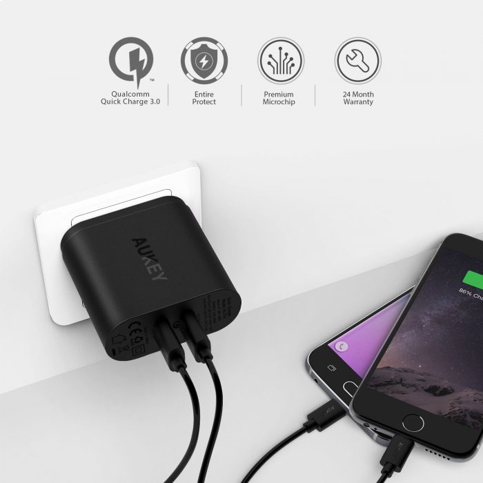  AUKEY 快速充电3.0 2个USB接口壁式充电器 19.99元限量特卖，原价 25.99元，包邮