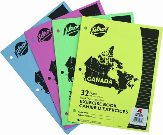  Hilroy Canada 32页3孔学生练习册/作业本4件套 1.68加元（原价 4.34加元）