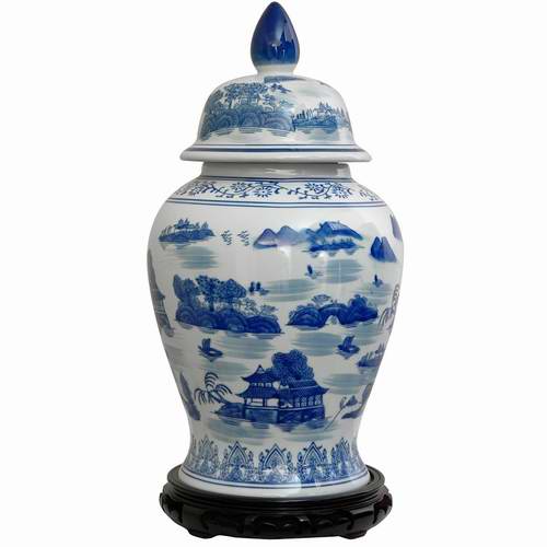  Oriental Furniture 18英寸复古中国山水青花瓷罐1.6折 28.89元限时清仓并包邮！