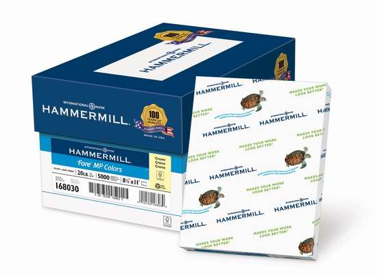  售价大降！历史新低！Hammermill Colors Cream 20磅8.5x11英寸10包（5000张）打印纸3.3折 22元限时清仓！