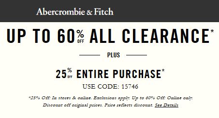  Abercrombie & Fitch清仓特卖，指定款4折起特卖，额外再享受7.5折优惠！