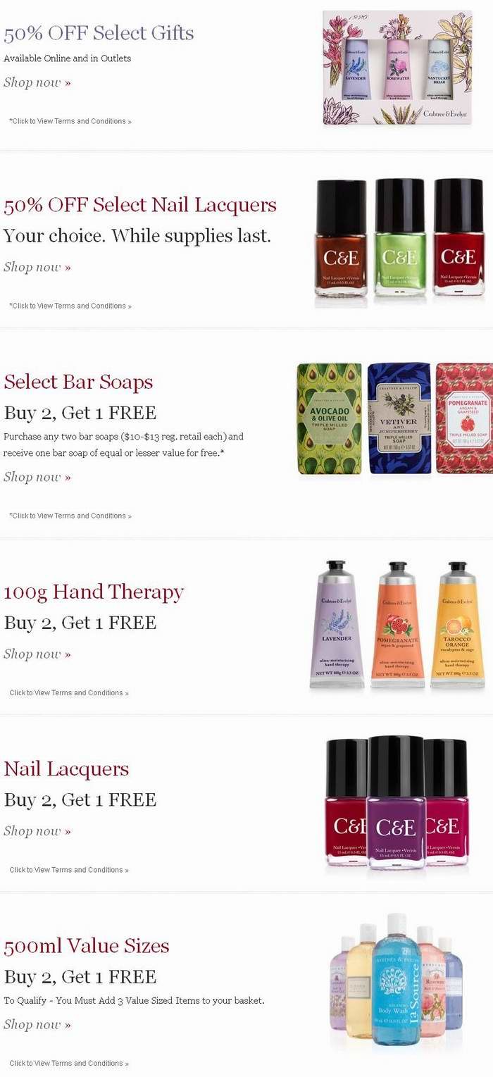 Crabtree & Evelyn 瑰珀翠 精选8款超值礼盒装全部5折特卖，超值大包装产品、护手霜、香皂、指甲油买二送一！