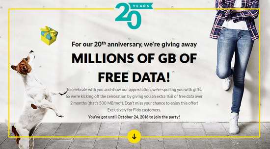  Fido 20周年庆，免费送1GB手机上网数据流量！