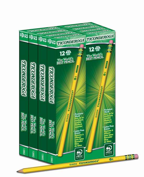  历史新低！Dixon Ticonderoga  带橡皮头天然雪松2HB铅笔96支装5.7折 14.99元限时特卖！