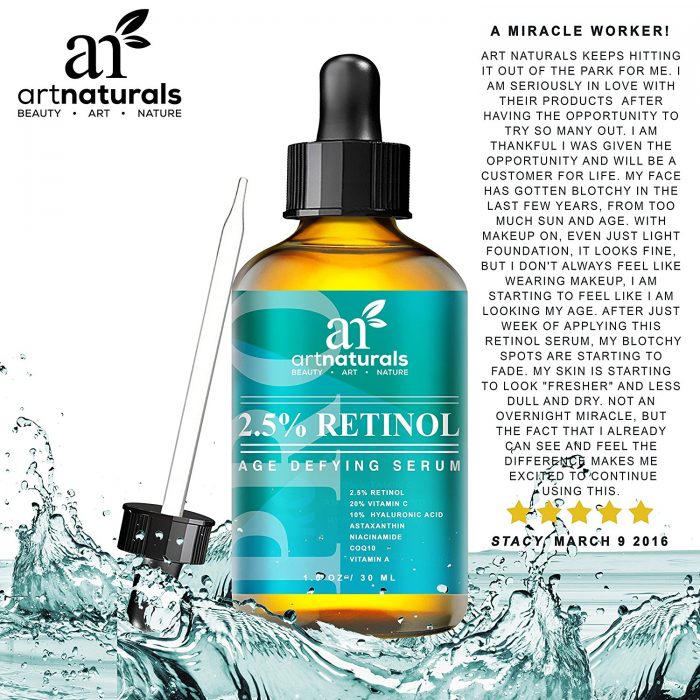  Art Naturals 2.5％视黄醇血清+20％维生素C+透明质酸 抗抗衰精华素 14.95元特卖！