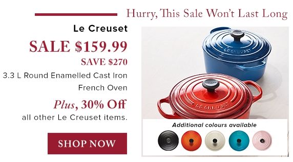  法国 Le Creuset 酷彩铸铁珐琅3.3L圆形烧锅3.7折 159.99元限时特卖并包邮！8色可选！