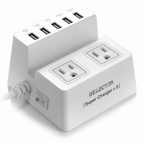  Iselector 2 插座 + 5 USB 40W 8A 智能充电 1.5米电涌保护充电插座 25.49加元限量特卖！