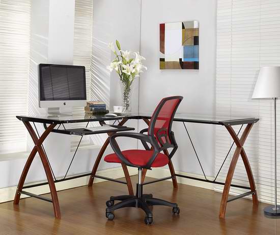  历史新低！King's Brand Ho2127 Workstation Corner L型实木钢化玻璃办公桌4.5折 174.89元限时特卖并包邮！
