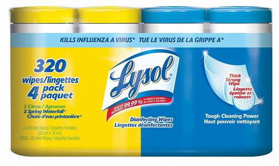  历史新低！Lysol 来苏尔 春天味消毒湿巾4筒超值装（320抽）4.9折 7.93加元！