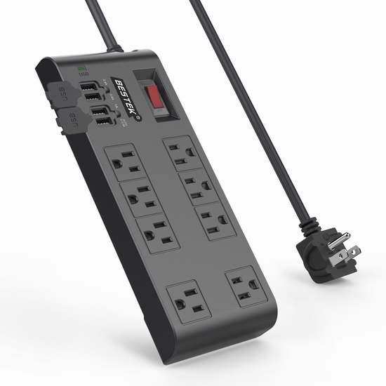  BESTEK 8 插座 + 4 USB智能充电 6英尺/12英尺 长电涌保护插线板 23.79-24.79加元限量特卖并包邮！