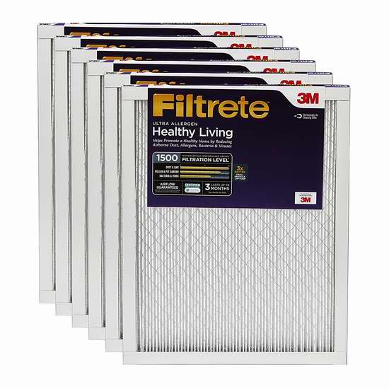  历史最低价！Filtrete Healthy Living MPR 1500 防过敏家庭空调暖气炉过滤网（6个装 16x25x1英寸）5.1折 79.99加元包邮！