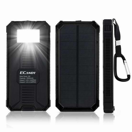  Ecandy 15000mAh 便携式防水太阳能移动电源/充电宝/手电筒 24.99加元限量特卖！