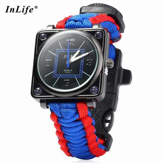  Inlife Paracord 多功能户外生存手表（指南针、打火石、口哨、小刀） 9.34加元限量特卖！