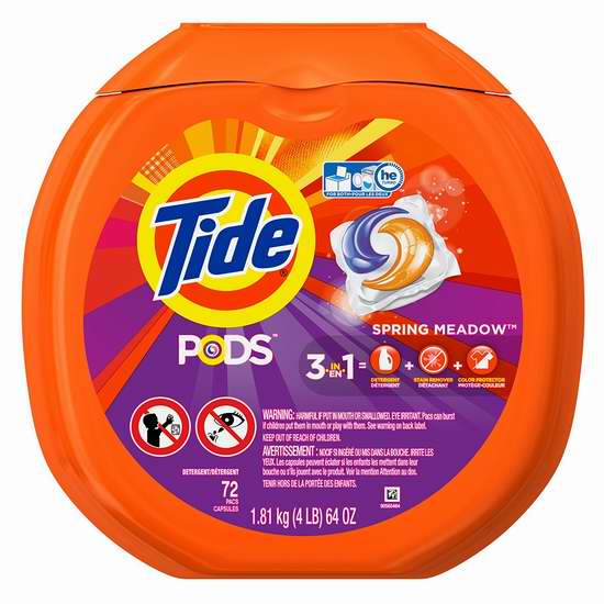  历史新低！Tide 汰渍 PODS 春天草地味 三合一速溶果冻洗衣球（1.81公斤 72粒） 13.59加元限时特卖！