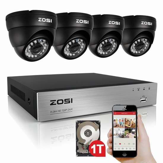  ZOSI 720P 1280TVL 4路高清监控系统+1TB硬盘套装 102.84加元限量特卖并包邮！