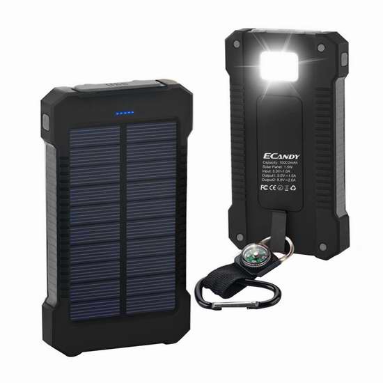 Ecandy 10000mAh 便携式防水太阳能移动电源/充电宝/手电筒 21.99加元限量特卖！