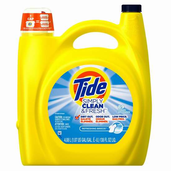  Tide 汰渍 Simply Clean 洗衣液4.08升（89缸）装 8.54加元包邮！一次购4瓶，单价降为8.09加元包邮！