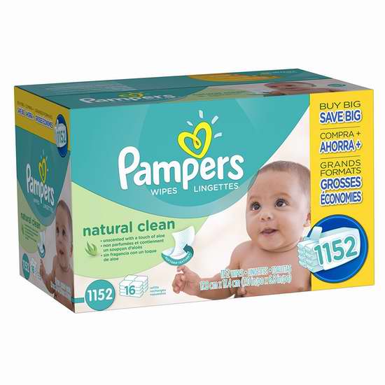  Pampers 帮宝适 天然/防过敏 婴儿清洁湿巾（1152/1024抽）超值装 16.97加元限时特卖！两款可选！