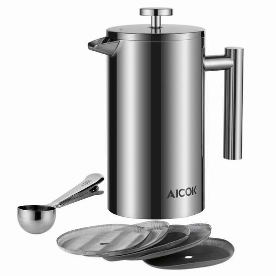  Aicok French Press 不锈钢双壁 法式/法压咖啡/茶水 滤压壶 33.99加元限时特卖并包邮！