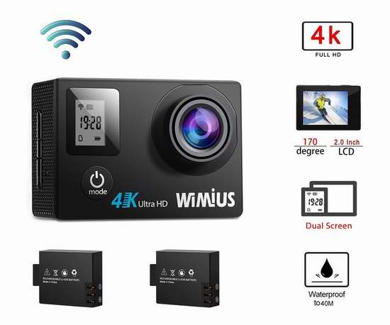  WiMiUS 4K 超高清超大广角无线WiFi运动摄像机/行车记录仪+双锂电池+支座附件套装 41.53加元限量特卖并包邮！