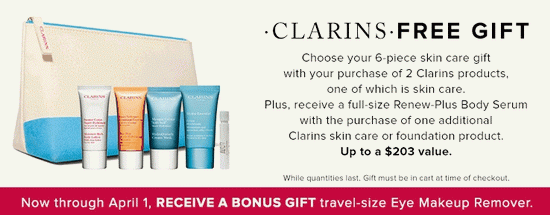  任购两件 Clarins 娇韵诗 产品，送6件套娇韵诗美容大礼包+眼部卸妆水！再购买一款护肤品或粉底，送正装身体精华液！