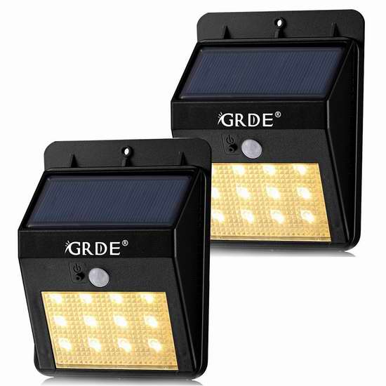 GRDE 12 LED 太阳能防水运动感应灯2件套 18.99加元限量特卖并包邮！