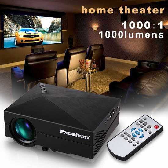  Excelvan 1000流明 便携式LED家庭影院投影仪 69.99加元限量特卖并包邮！
