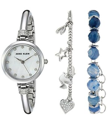  Anne Klein 施华洛世奇水晶珍珠母贝腕表+手镯套装 99加元，原价 202.5加元，包邮