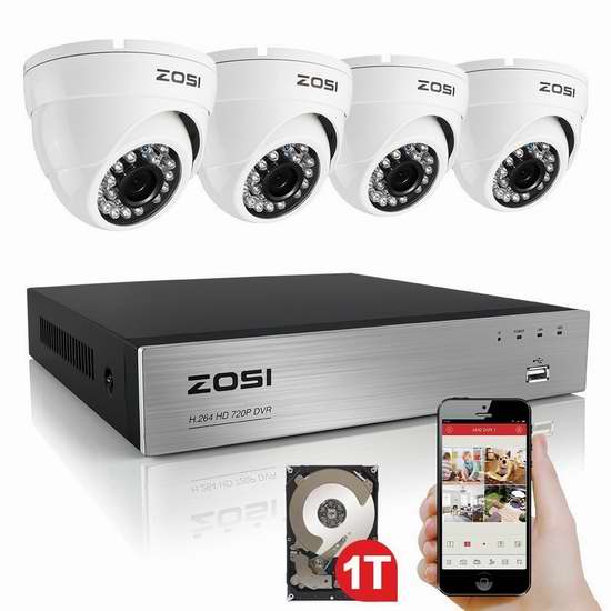  ZOSI HD-TVI 1080P 4路高清监控系统+1TB硬盘套装 141.09加元限量特卖并包邮！