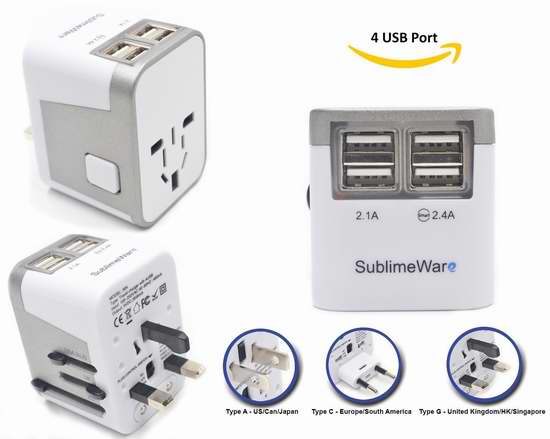  SublimeWare 全球通用电源插头转换器+3500mAh应急移动电源/充电宝+4口USB充电 17.99加元限量特卖！