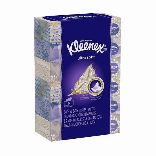  历史新低！Kleenex 舒洁 超软面巾纸/抽纸（3层70抽x6盒）超值装 3.8加元！