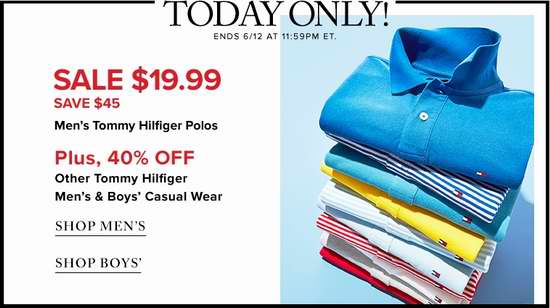  今日闪购：Tommy Hilfiger 男士时尚Polo衫3折特卖，仅售19.99加元！多色可选！另有多款 Tommy Hilfiger 男童夏装特价销售！
