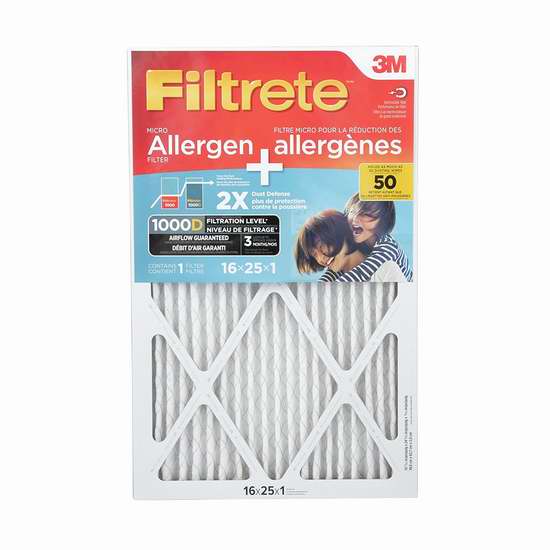  金盒头条：历史新低！Filtrete MPR 1000D 双倍超强集尘 防过敏家庭空调暖气炉过滤网（6个装 16x25x1英寸）5.5折 74.74加元包邮！