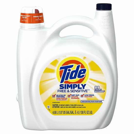  Tide 汰渍 Simply 无香抗过敏洗衣液（4.08升 89缸） 8.52加元！购4瓶单价降为8.07加元并包邮！
