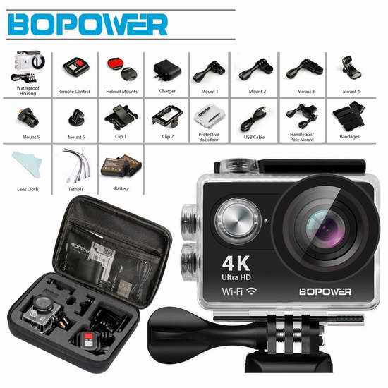  GooBang Doo 4K 超高清超大广角无线WiFi运动摄像机+双锂电池+支座附件+RF遥控腕带 59.99加元限量特卖并包邮！