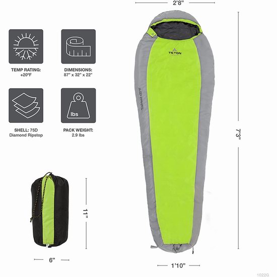  TETON Sports TrailHead 绿色版 零下7度超轻全拉链睡袋 73.96加元包邮！