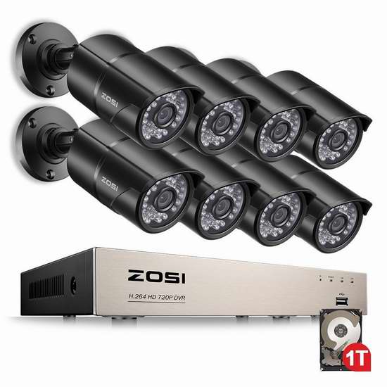  ZOSI 8CH HD-TVI 1080N 720P 8路高清监控系统+1TB硬盘套装 187.84加元限量特卖并包邮！