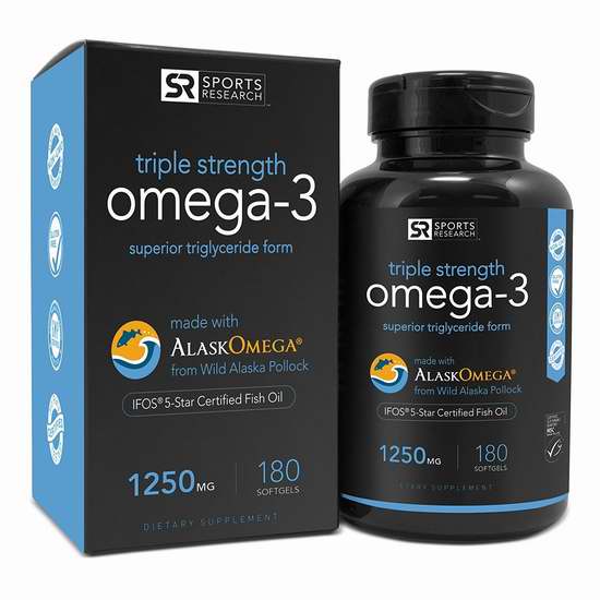  Sports Research Omega-3 三倍加强 深海鱼油（1250mg x 180） 42加元限量特卖并包邮！