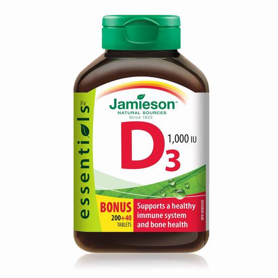  Jamieson 健美生 维生素D3片（1000 IU 240粒）3.9折 4.27加元！