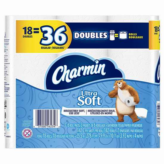  历史新低！Charmin Ultra Soft 超软双层卫生纸18卷5.2折 7.49加元！