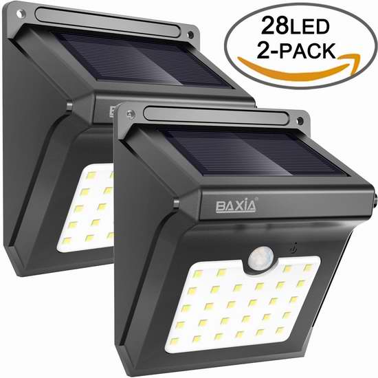  金盒头条：BAXIA TECHNOLOGY 28 LEDs 超亮太阳能防水运动感应灯2件套7折 25.19加元！