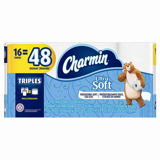  Charmin Ultra Soft 超软三层卫生纸16卷装6.2折 12.35加元！