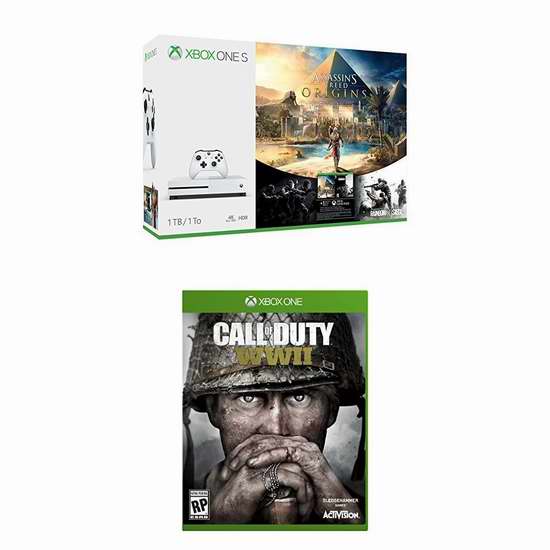  历史新低！Xbox One S 1TB 家庭娱乐游戏机+《刺客信条：起源》+《使命召唤：二战》套装 379.99加元包邮！