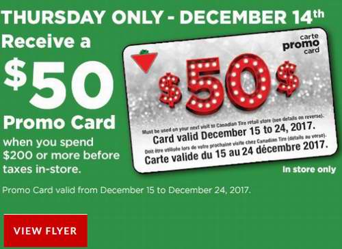  12月14日！Canadian Tire 店内购满200加元送50加元礼卡！