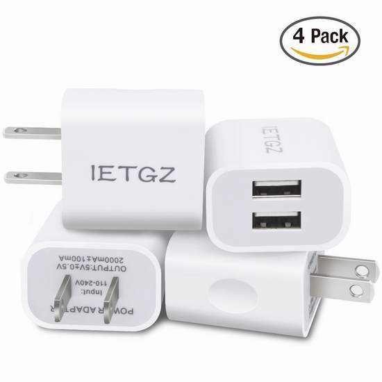  历史新低！IETGZ 5V 2A 双口USB充电器4件套超值装 11.99加元！